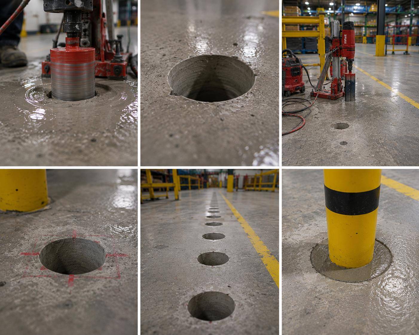Kernbohrungen für Rammschutzpoller in Industriehallen